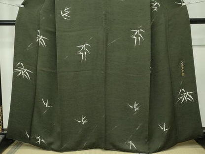 平和屋着物●極上　世界的友禅作家　千地泰弘　千地天女　小紋　笹竹文　藍媚茶色地　逸品　CZAA4408s6