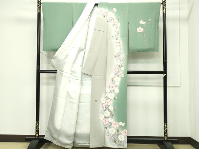 平和屋着物●極上　東京友禅　菅有鬼一　訪問着　手描き　草花文　暈し染め　金銀彩　柳染色地　逸品　未使用　CZAA4414s6