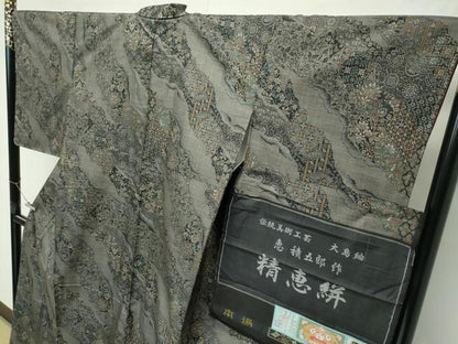 平和屋本店●極上 白泥染の第一人者・絣の魔術師 恵積五郎 本場大島紬 恵大島織物謹製 精恵絣 更紗花文 証紙付き 逸品 未使用 CZAA4420s6