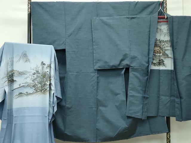 平和屋着物●極上 男性 紬 アンサンブル・長襦袢セット 色無地 錆鉄御納戸色 逸品 未使用 CZAA4421s6