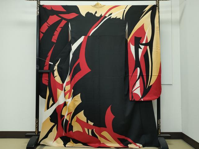 平和屋本店●極上　振袖　草花シルエット　黒地　逸品　CZAA4425s6
