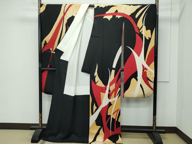 平和屋本店●極上　振袖　草花シルエット　黒地　逸品　CZAA4425s6
