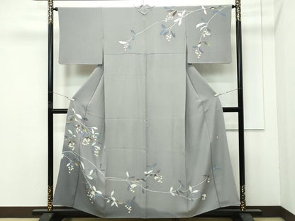 平和屋着物●極上　本加賀友禅作家　魚津誠　訪問着　枝花文　暈し染め　灰汁色地　逸品　CZAA4431s6