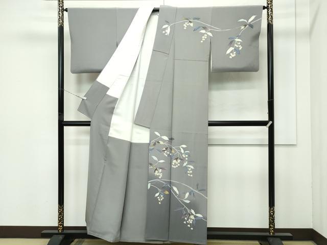 平和屋着物●極上　本加賀友禅作家　魚津誠　訪問着　枝花文　暈し染め　灰汁色地　逸品　CZAA4431s6