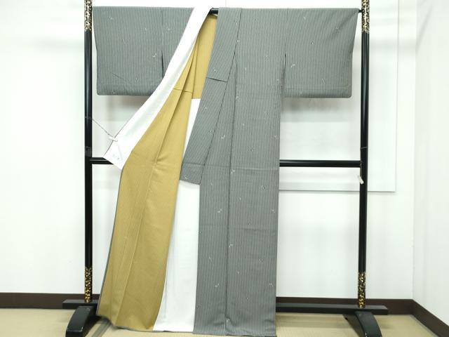 平和屋着物▽極上　洗える最高級着物　＜英＞はなぶさ謹製　小紋　単衣　瓢箪　縞　黒×柳鼠　逸品　CZAA4437s6 平和屋着物▽極上 洗える最高級着物 ＜英＞はなぶさ謹製 小紋 単衣 瓢箪