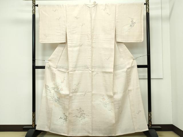 平和屋着物▽極上 訪問着 生紬 単衣 手描き 籬草花文 薄香色地 逸品 CZAA4440s6