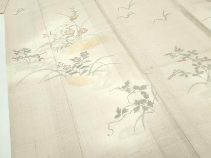 平和屋着物▽極上 訪問着 生紬 単衣 手描き 籬草花文 薄香色地 逸品 CZAA4440s6