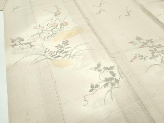 平和屋着物▽極上 訪問着 生紬 単衣 手描き 籬草花文 薄香色地 逸品 CZAA4440s6