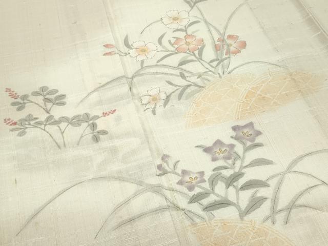 平和屋着物▽極上 訪問着 生紬 単衣 手描き 籬草花文 薄香色地 逸品 CZAA4440s6