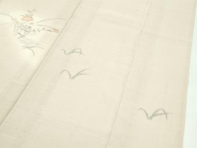 平和屋着物▽極上 訪問着 生紬 単衣 手描き 籬草花文 薄香色地 逸品 CZAA4440s6