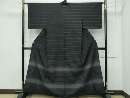 平和屋着物▽極上 訪問着 単衣 お召地 横段文 黒地 逸品 未使用 CZAA4443s6