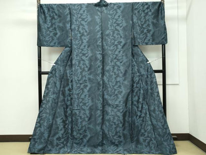 平和屋着物▽極上　西陣　宮階織物謹製　お召　単衣　舞葉文　反端付き　逸品　CZAA4457s6
