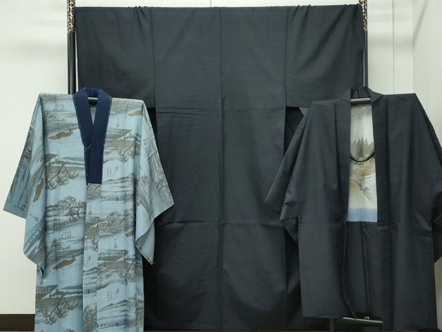 平和屋着物●極上 男性 紬 アンサンブル・長襦袢セット 色無地 蝋色 逸品 CZAA4471s6