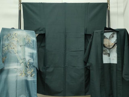 平和屋着物●極上 男性 紬 アンサンブル・長襦袢セット 色無地 黒緑色 逸品 CZAA4473s6