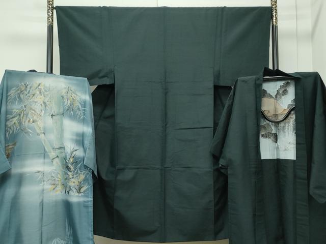 平和屋着物●極上 男性 紬 アンサンブル・長襦袢セット 色無地 黒緑色 逸品 CZAA4473s6