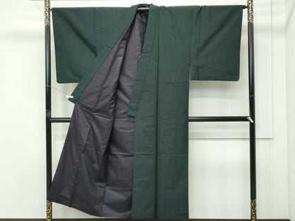 平和屋着物●極上 男性 紬 アンサンブル・長襦袢セット 色無地 黒緑色 逸品 CZAA4473s6