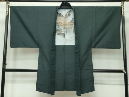 平和屋着物●極上 男性 紬 アンサンブル・長襦袢セット 色無地 黒緑色 逸品 CZAA4473s6