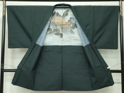 平和屋着物●極上 男性 紬 アンサンブル・長襦袢セット 色無地 黒緑色 逸品 CZAA4473s6