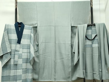平和屋着物●極上 男性 紬 アンサンブル・長襦袢セット 色無地 青白橡色 逸品 未使用 CZAA4474s6