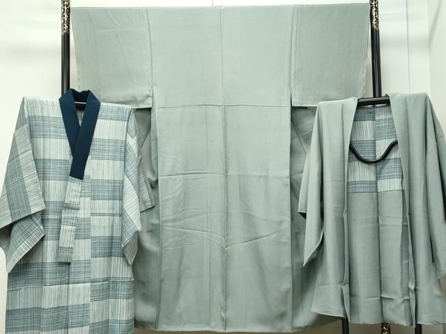平和屋着物●極上 男性 紬 アンサンブル・長襦袢セット 色無地 青白橡色 逸品 未使用 CZAA4474s6
