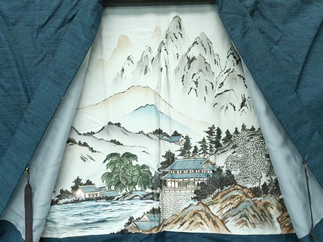 平和屋着物□極上 男性 紬 アンサンブル 網代織 百入茶色地 羽織紐付き