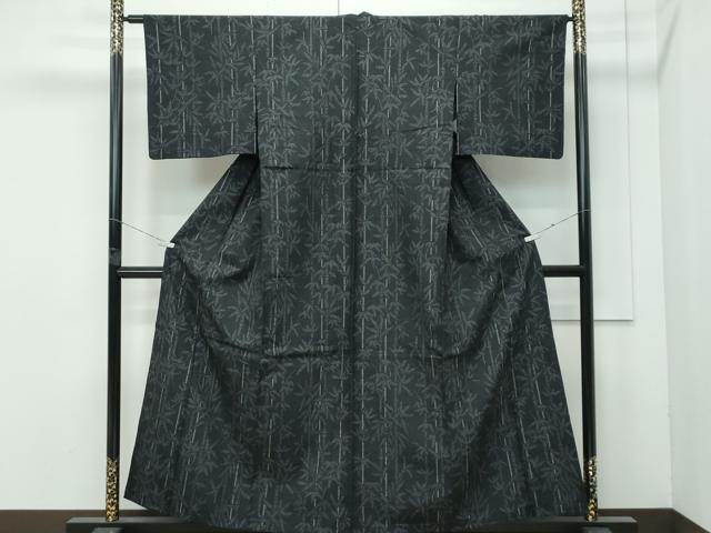 平和屋着物▽極上 結城紬 単衣 はたおり娘 80亀甲 笹竹文 黒地 やまと誂製 逸品 CZAA4481s6