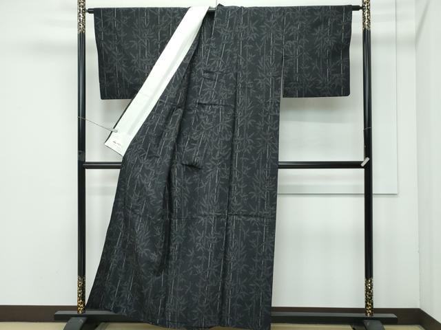 平和屋着物▽極上 結城紬 単衣 はたおり娘 80亀甲 笹竹文 黒地 やまと誂製 逸品 CZAA4481s6
