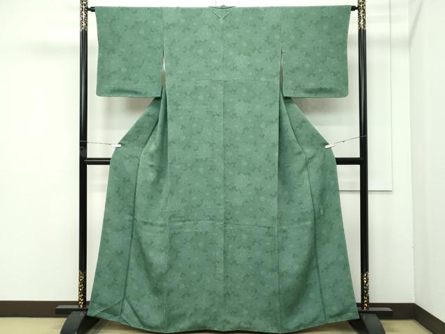 平和屋着物●極上　重要無形文化財　人間国宝　中村勇二郎　江戸小紋　草花文　鬼しぼ縮緬　老竹色地　逸品　未使用　CZAA4482s6