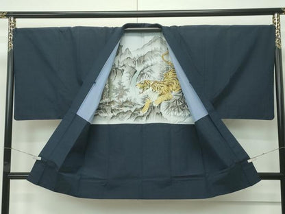 平和屋着物●極上　男性　紬　アンサンブル　色無地　濃紺地　逸品　CZAA4508s6