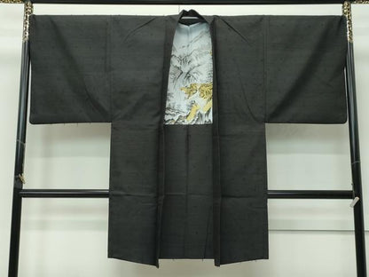 平和屋着物●極上　男性　髭紬　アンサンブル　色無地　黒地　逸品　CZAA4512s6