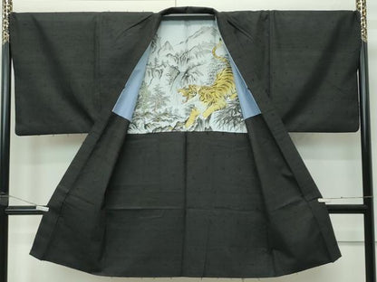平和屋着物●極上　男性　髭紬　アンサンブル　色無地　黒地　逸品　CZAA4512s6
