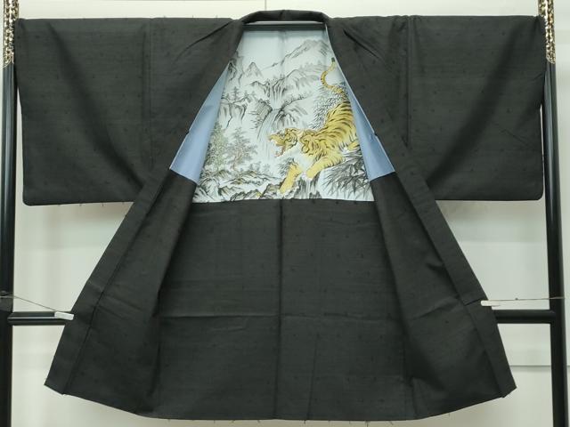 平和屋着物●極上　男性　髭紬　アンサンブル　色無地　黒地　逸品　CZAA4512s6