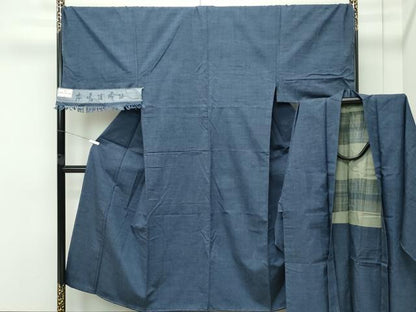 平和屋着物●極上　男性　本場結城紬　アンサンブル　キングサイズ　色無地　御召御納戸色　反端付き　逸品　未使用　CZAA4517s6