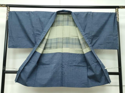 平和屋着物●極上　男性　本場結城紬　アンサンブル　キングサイズ　色無地　御召御納戸色　反端付き　逸品　未使用　CZAA4517s6