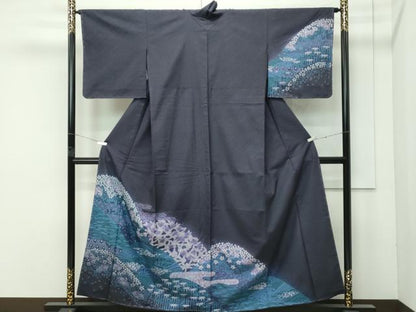 平和屋着物●極上　訪問着　紬地　絞り　スワトウ刺繍　立波花文　黒紅色地　逸品　未使用　CZAA4522s6