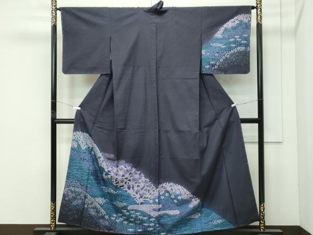 平和屋着物●極上　訪問着　紬地　絞り　スワトウ刺繍　立波花文　黒紅色地　逸品　未使用　CZAA4522s6