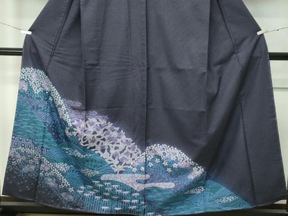 平和屋着物●極上　訪問着　紬地　絞り　スワトウ刺繍　立波花文　黒紅色地　逸品　未使用　CZAA4522s6