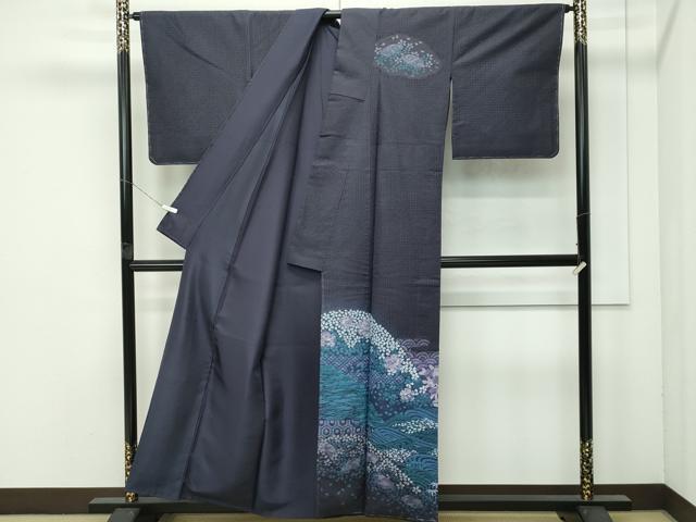 平和屋着物●極上　訪問着　紬地　絞り　スワトウ刺繍　立波花文　黒紅色地　逸品　未使用　CZAA4522s6