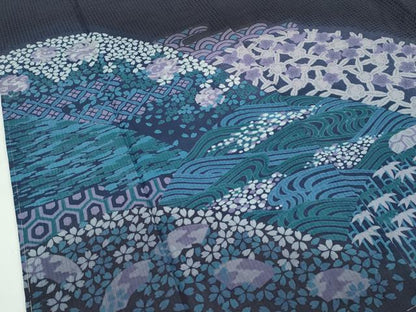平和屋着物●極上　訪問着　紬地　絞り　スワトウ刺繍　立波花文　黒紅色地　逸品　未使用　CZAA4522s6