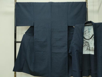 平和屋着物●極上　男性　髭紬　アンサンブル　色無地　藍鉄色　逸品　CZAA4527s6