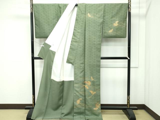 平和屋着物●極上　紋屋井関　井関宗麟　御寮織　訪問着　駒刺繍　松葉　金彩　麹塵色地　反端付き　逸品　未使用　CZAA4536s6