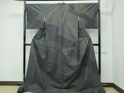 平和屋本店●極上　訪問着　紬地　総刺繍　刺し子　流水吉祥文　黒地　逸品　CZAA4537s6