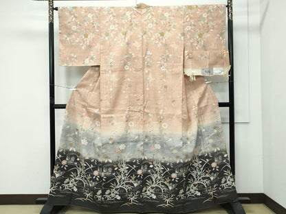 平和屋着物●極上　染織の名門　しょうざん  生紬　訪問着　鴛鴦籬草花文　暈し染め　金彩　伽羅色地　証紙付き　逸品　未使用　CZAA4540s6