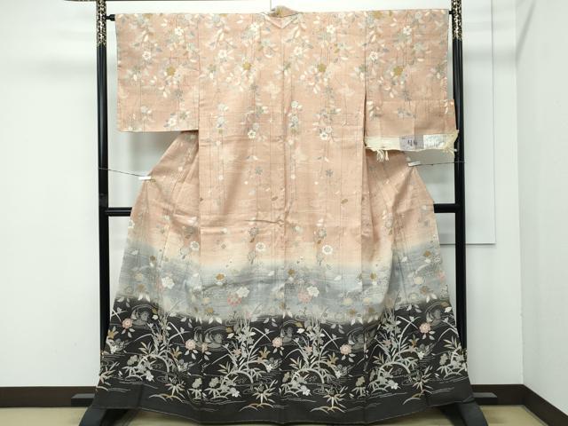 平和屋着物●極上　染織の名門　しょうざん  生紬　訪問着　鴛鴦籬草花文　暈し染め　金彩　伽羅色地　証紙付き　逸品　未使用　CZAA4540s6