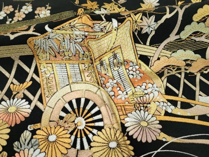 平和屋着物●極上　金彩友禅　卓越技能者・名工・和田光正　黒留袖　御所車籬草花文　金銀彩　逸品　CZAA4544s6
