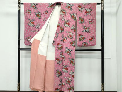 平和屋着物∵極上 アンティーク 大正ロマン 女の子 十三参り 子供 祝着 草花文 鬼しぼ縮緬 蘇芳香色地 逸品 CZAA4550s6
