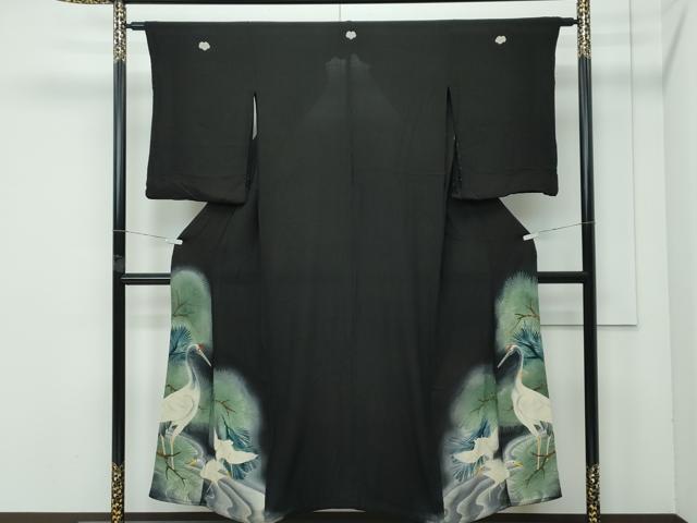 平和屋着物●極上　アンティーク　大正ロマン　黒留袖　仮絵羽　相良刺繍　群鶴松文　暈し染め　鬼しぼ縮緬　逸品　CZAA4551s6