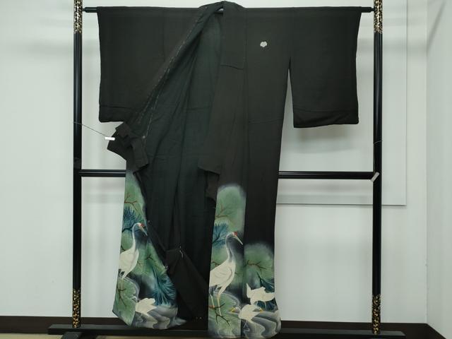 平和屋着物●極上　アンティーク　大正ロマン　黒留袖　仮絵羽　相良刺繍　群鶴松文　暈し染め　鬼しぼ縮緬　逸品　CZAA4551s6 平和屋着物○極上 アンティーク 大正ロマン 黒留袖 仮絵羽 相良刺繍 群