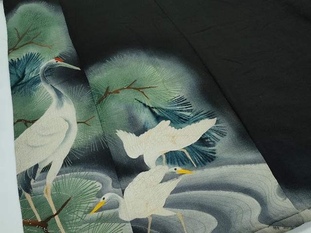 平和屋着物●極上　アンティーク　大正ロマン　黒留袖　仮絵羽　相良刺繍　群鶴松文　暈し染め　鬼しぼ縮緬　逸品　CZAA4551s6