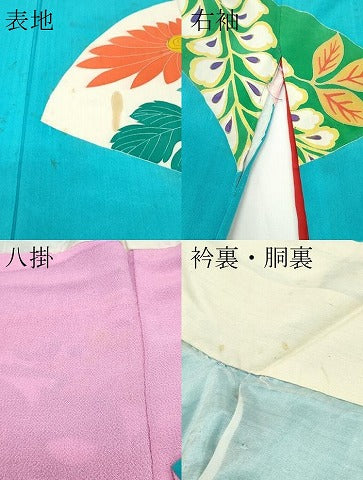 平和屋着物●極上　アンティーク　大正ロマン　小振袖　地紙草花文　金彩　青緑色地　逸品　CZAA4552s6